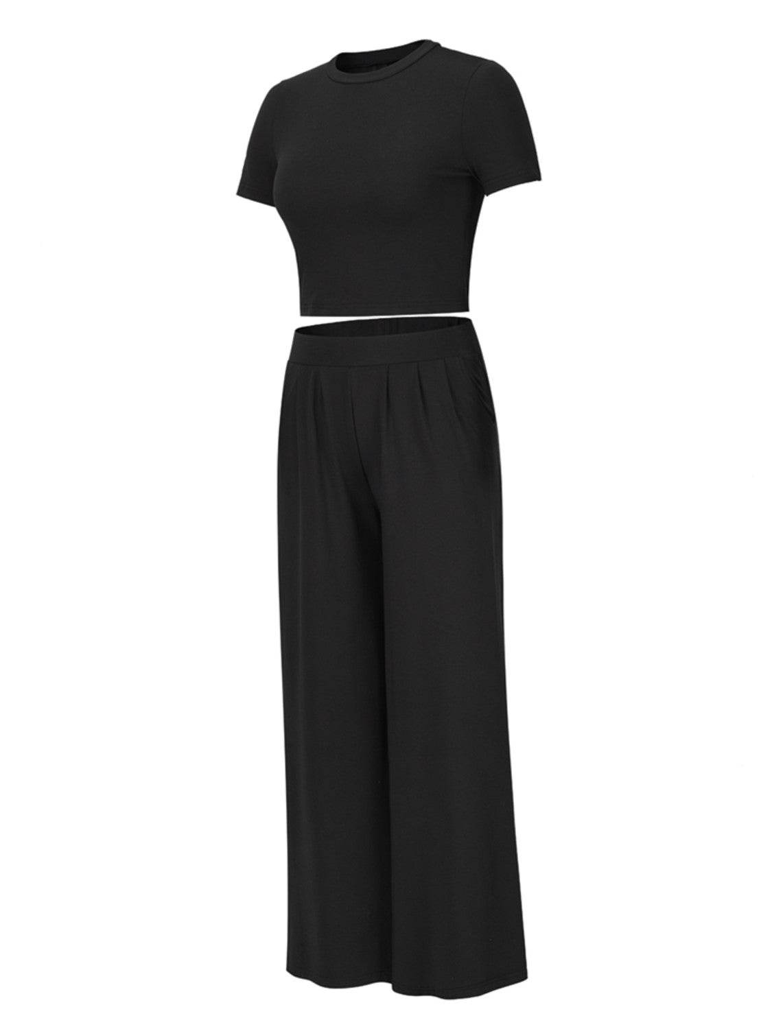 Round Neck Short Sleeve Top and Pocketed Pants Set - DaTrendStore.Com