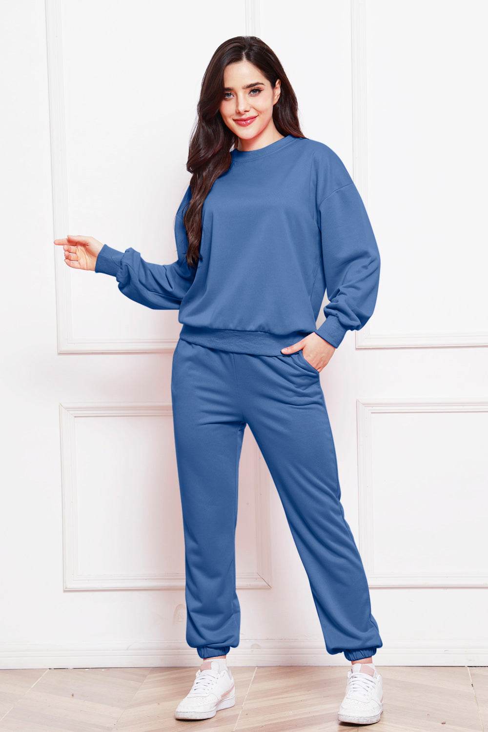 Round Neck Long Sleeve Sweatshirt and Pants Set - DaTrendStore.Com