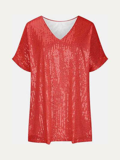 Full Size Sequin V-Neck Short Sleeve Top - DaTrendStore.Com