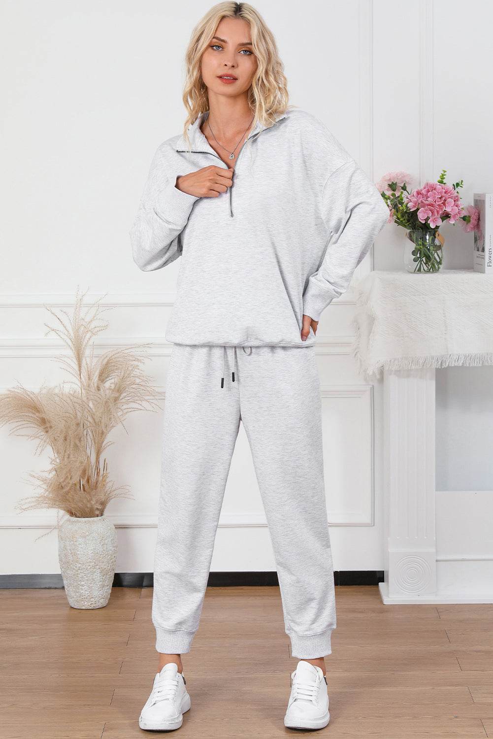 Half Zip Sweatshirt and Drawstring Sweatpants Set - DaTrendStore.Com