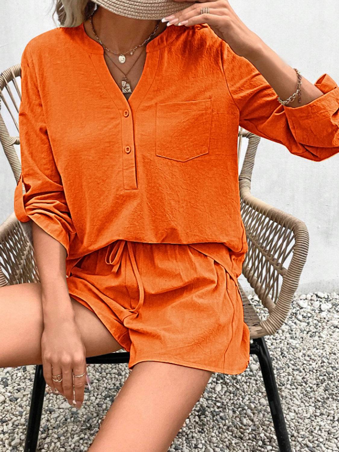 Notched Long Sleeve Top and Shorts Set - DaTrendStore.Com