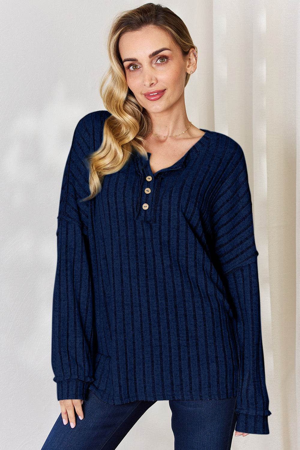 Basic Bae Full Size Ribbed Half Button Long Sleeve T-Shirt - DaTrendStore.Com