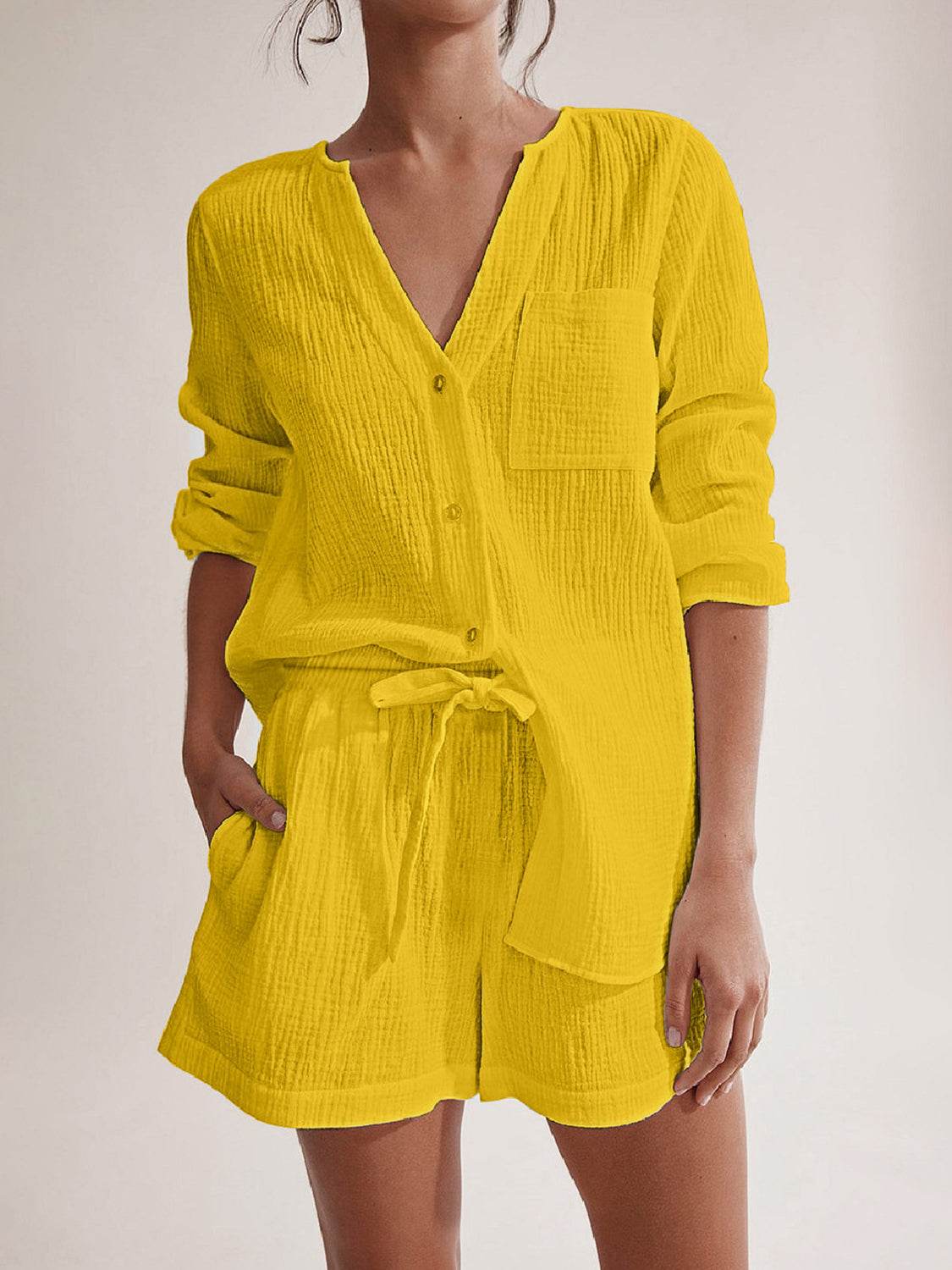 Notched Long Sleeve Top and Shorts Set - DaTrendStore.Com