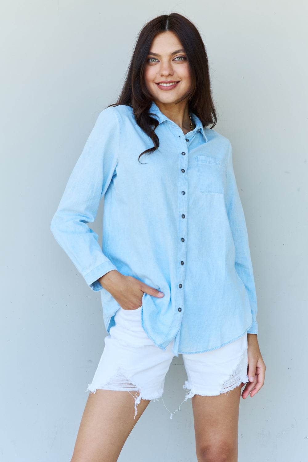 Doublju Blue Jean Baby Denim Button Down Shirt Top in Light Blue - DaTrendStore.Com