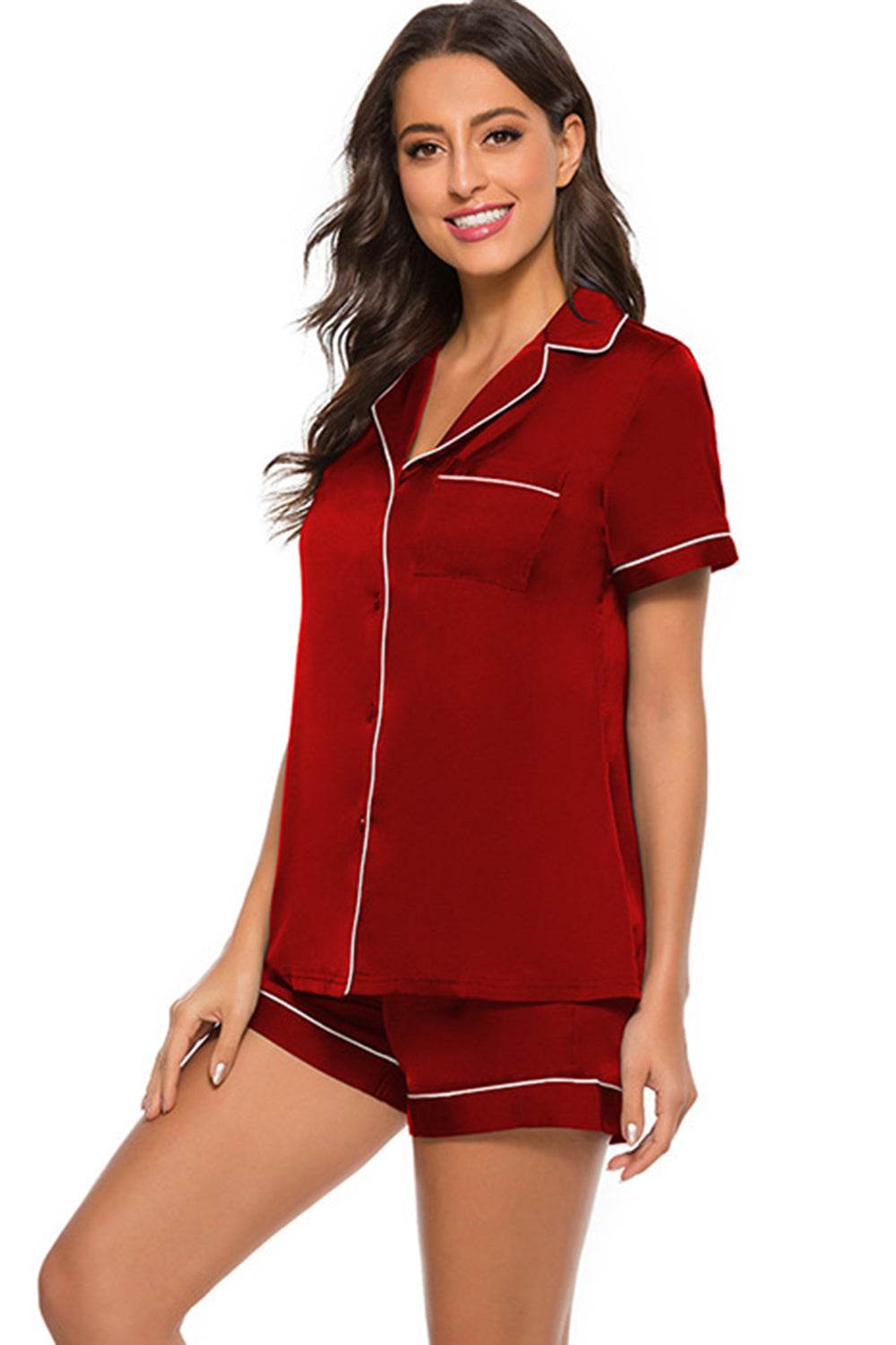 Printed Button Up Short Sleeve Top and Shorts Lounge Set - DaTrendStore.Com