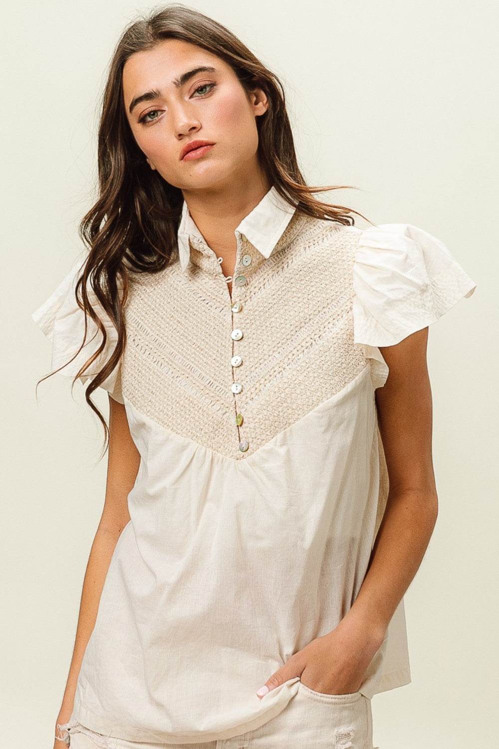 BiBi Half Button Collared Neck Short Sleeve Top - DaTrendStore.Com