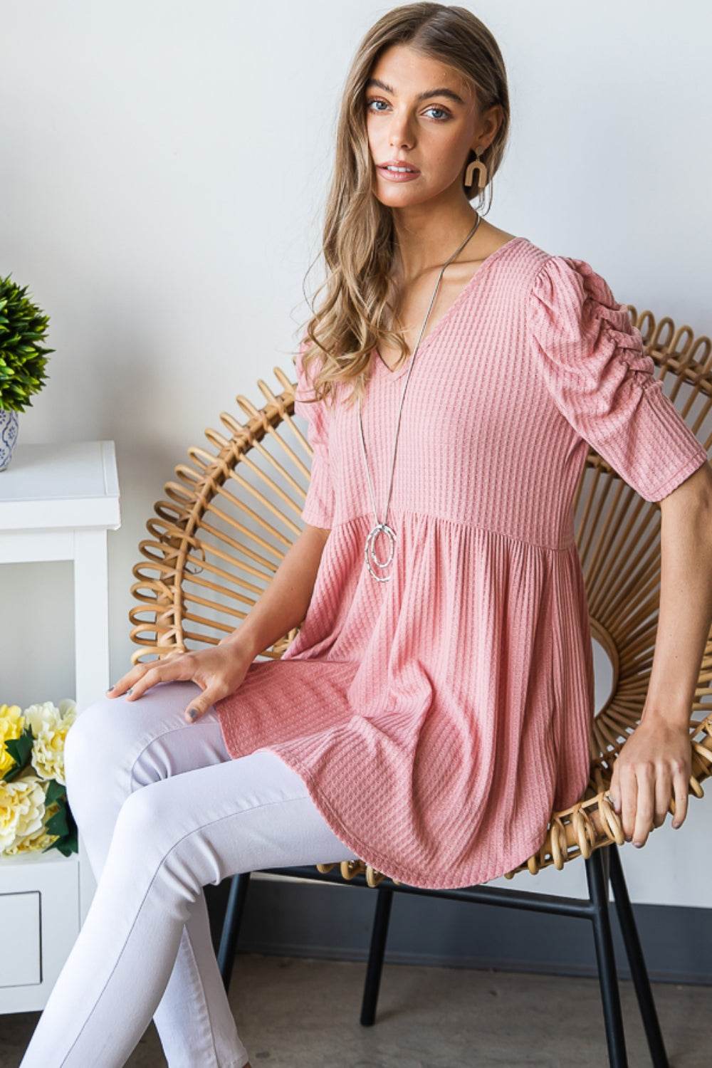 Heimish Full Size Waffle Knit V-Neck Babydoll Top - DaTrendStore.Com