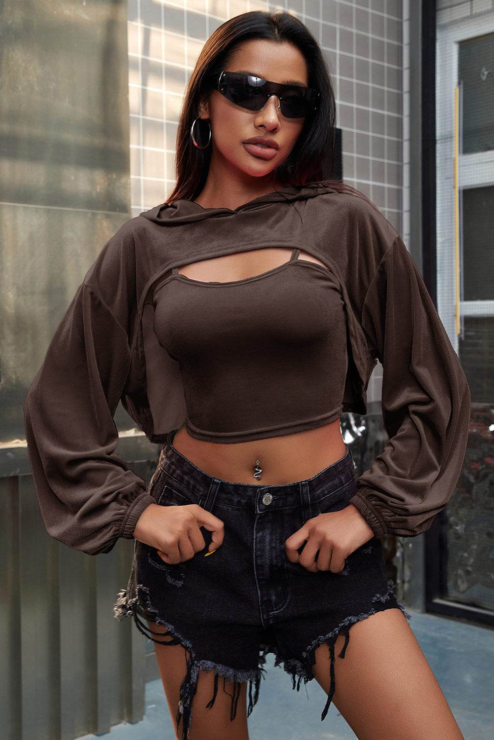 Spaghetti Strap Cami and Dropped Shoulder Hoodie - DaTrendStore.Com