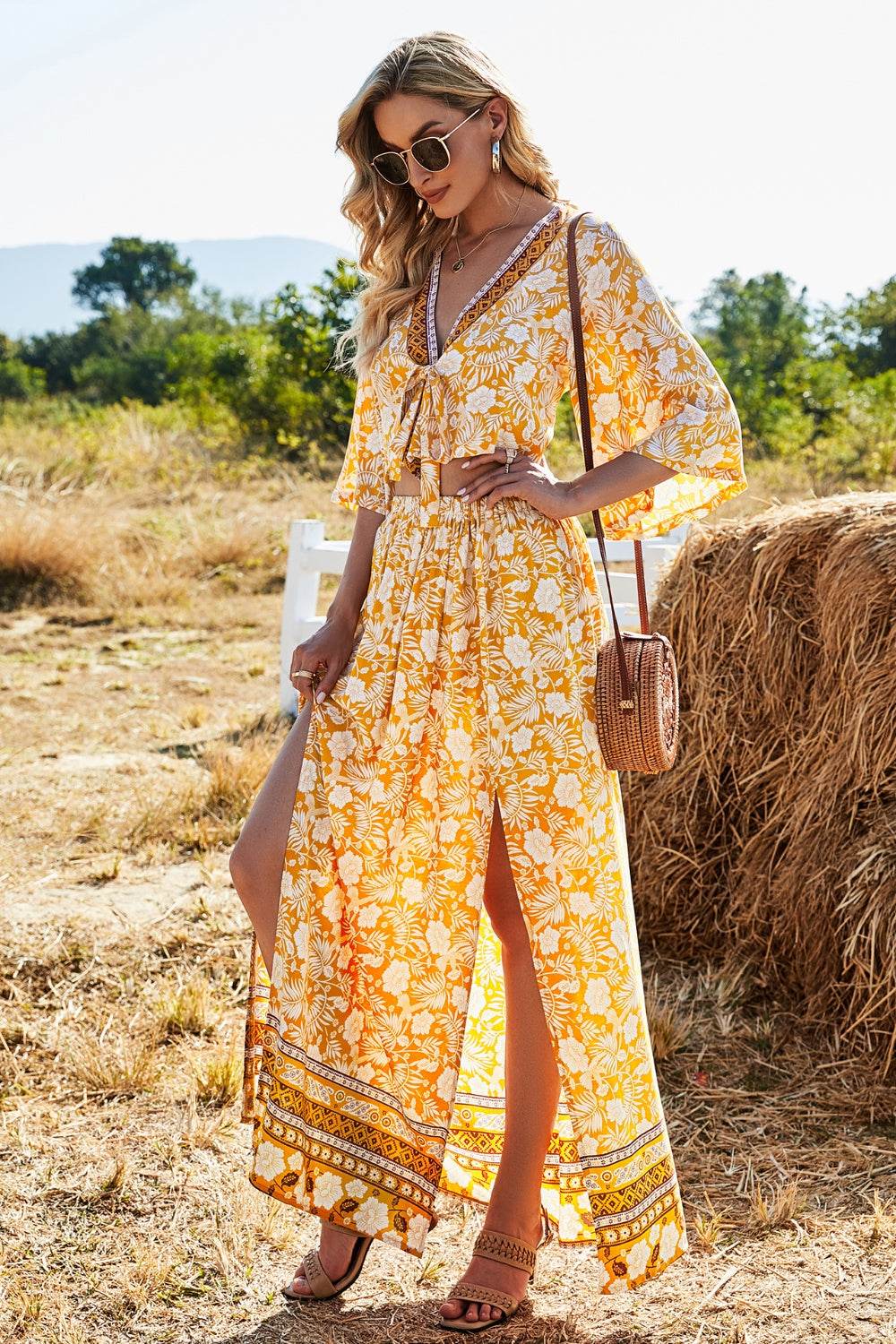 Printed Half Sleeve Top and Slit Skirt Set - DaTrendStore.Com