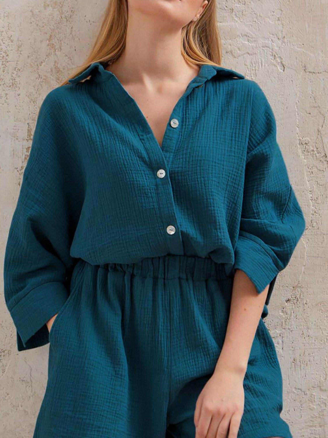 Texture Button Up Shirt and Shorts Set - DaTrendStore.Com