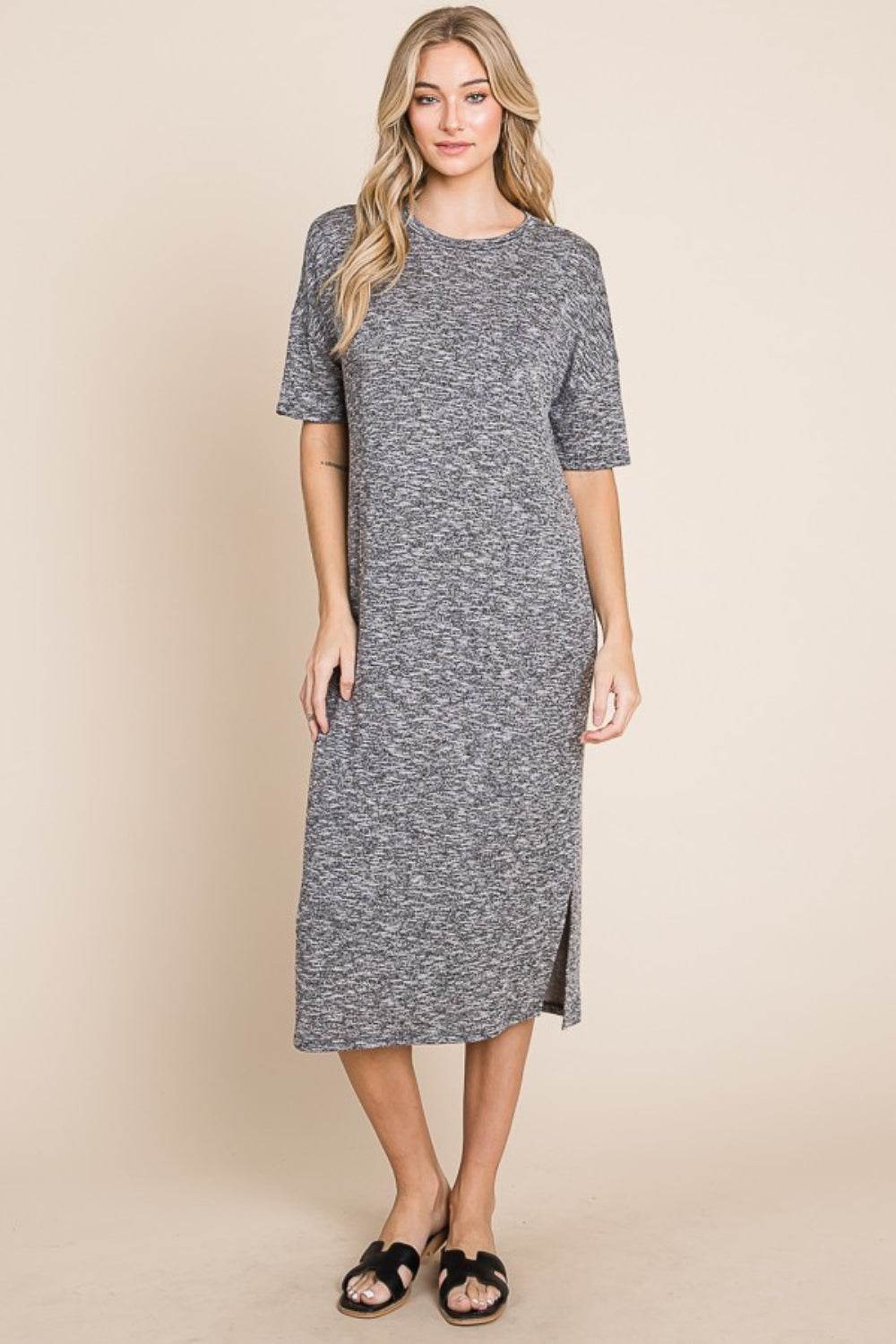 BOMBOM Slit Round Neck Half Sleeve Midi Dress - DaTrendStore.Com