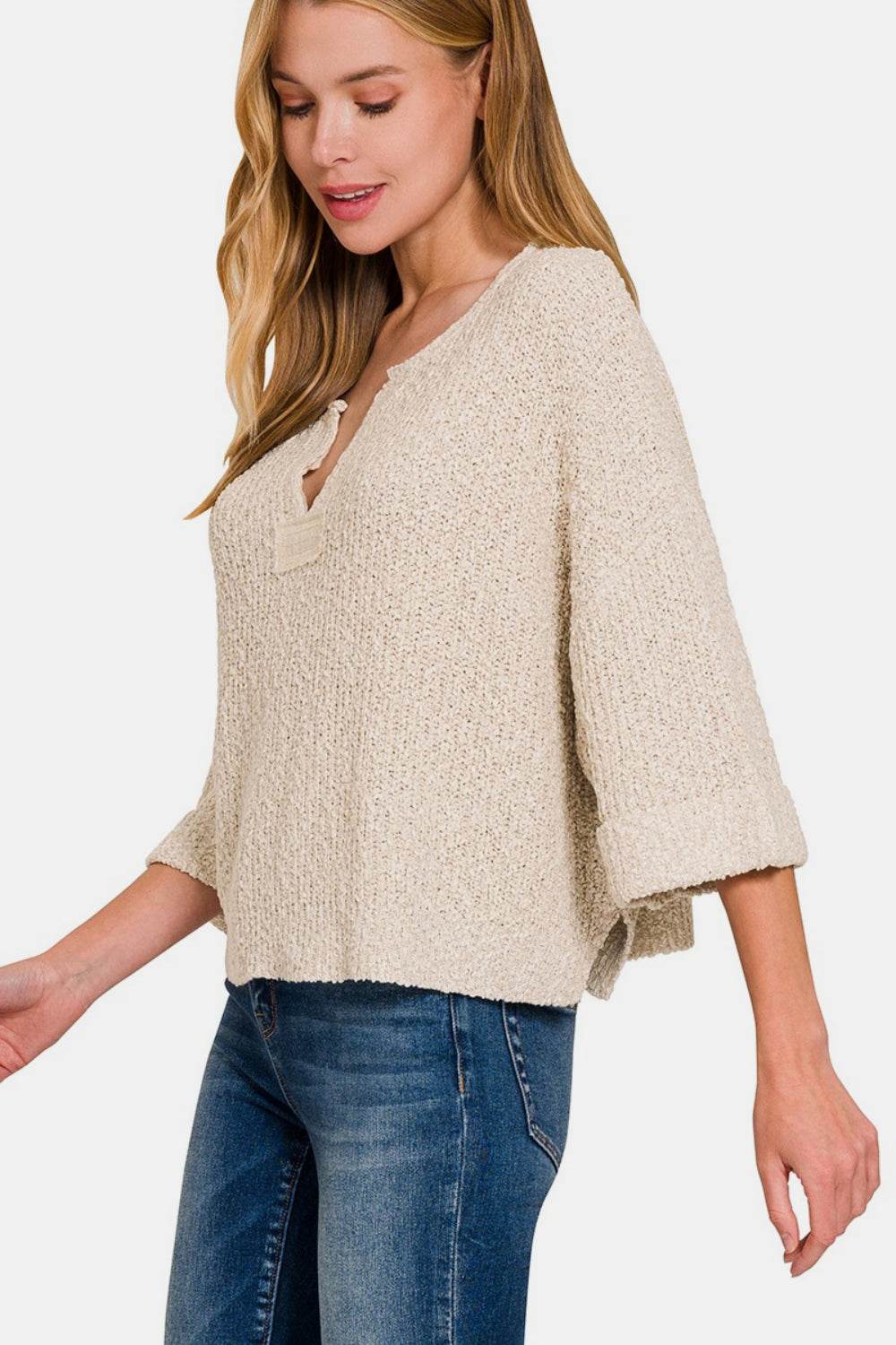 Zenana Notched Side Slit Patch Sweater - DaTrendStore.Com