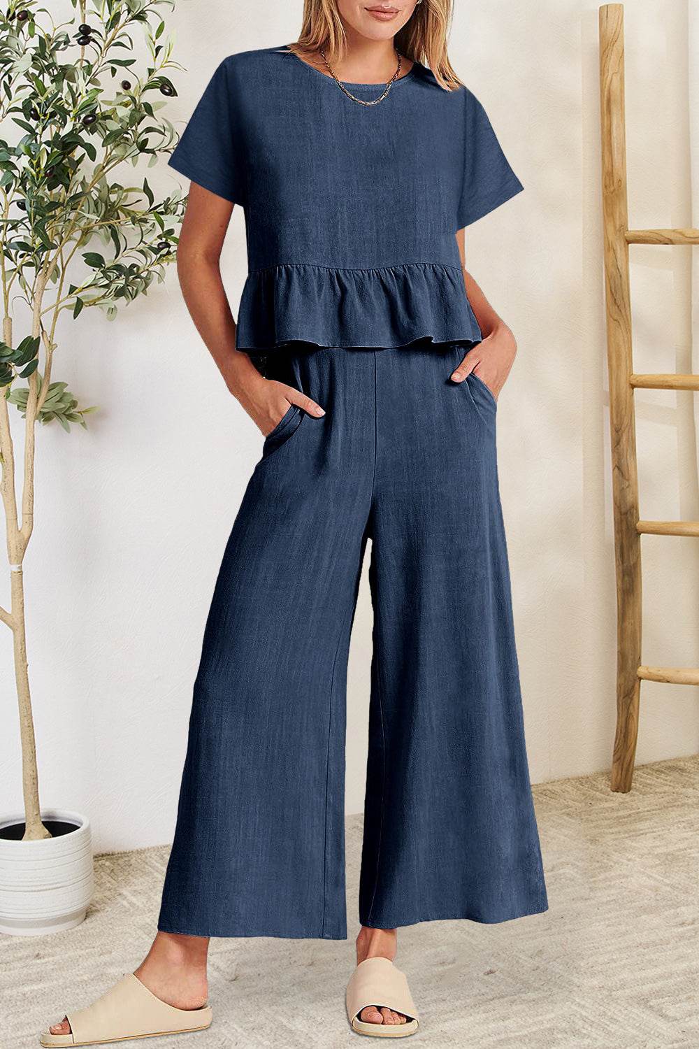 Peplum Round Neck Short Sleeve Top and Pants Set - DaTrendStore.Com