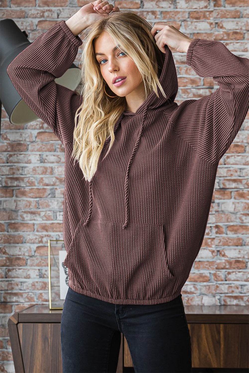 Heimish Ribbed Long Sleeve Hoodie with Kangaroo Pocket - DaTrendStore.Com