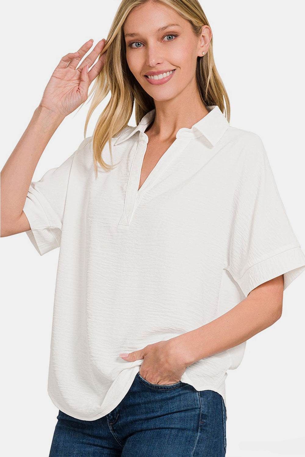 Zenana Texture Collared Neck Short Sleeve Top - DaTrendStore.Com