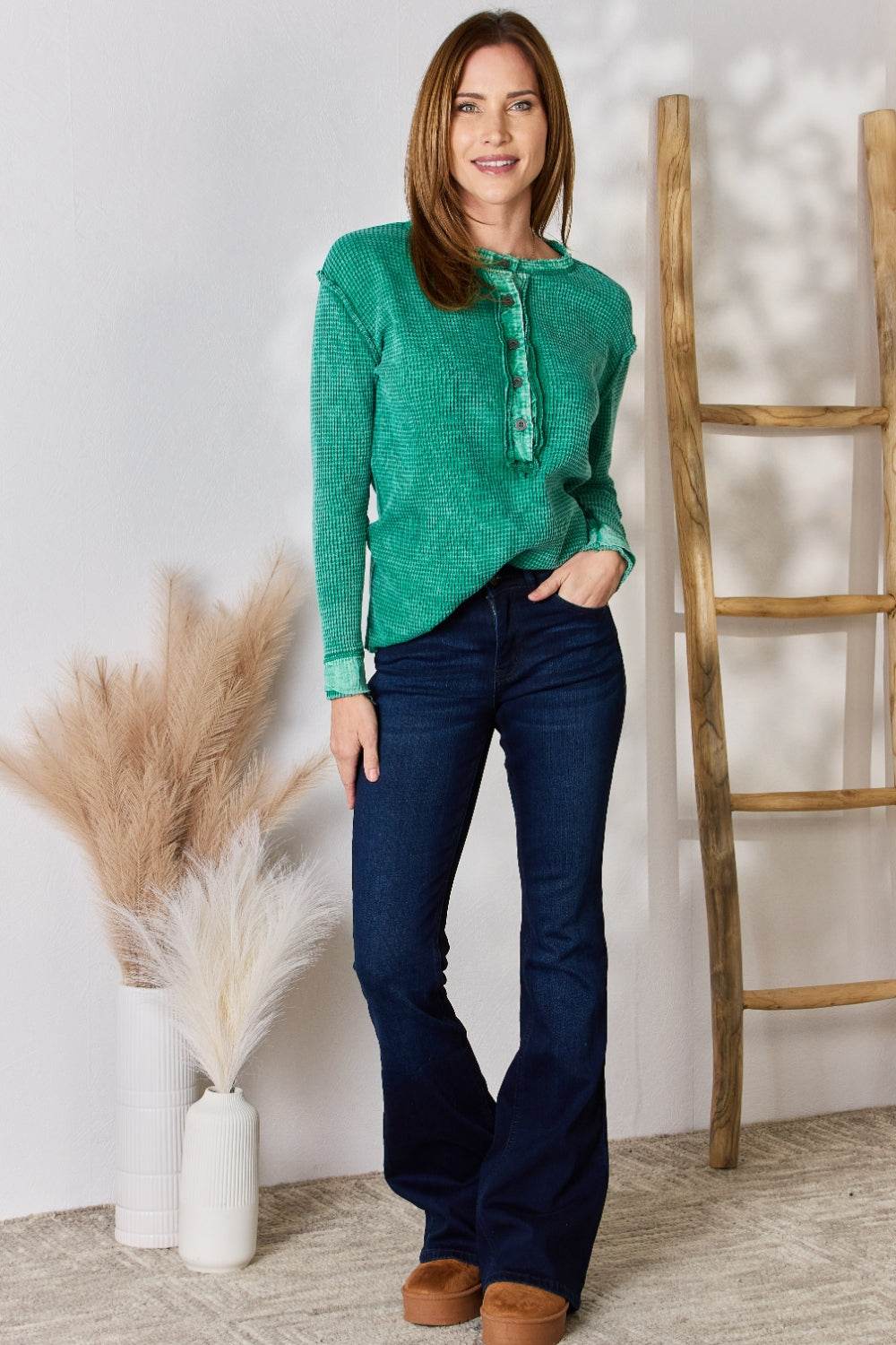 Zenana Washed Half Button Exposed Seam Waffle Top - DaTrendStore.Com