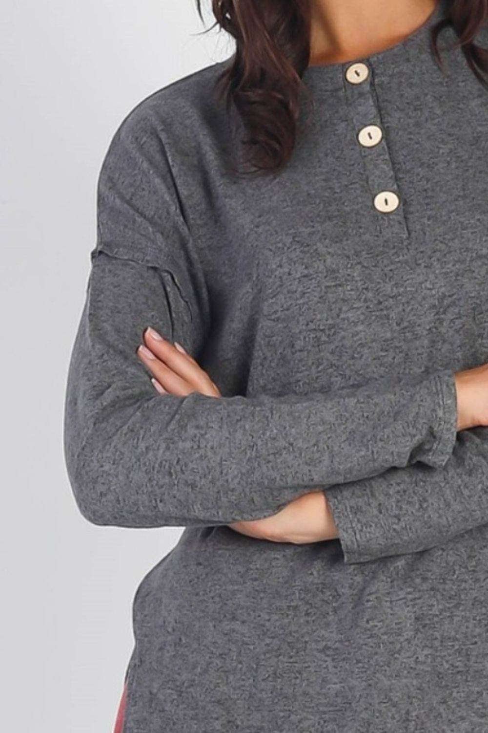 Cherish Apparel Flannel Long Sleeve Slit Top - DaTrendStore.Com
