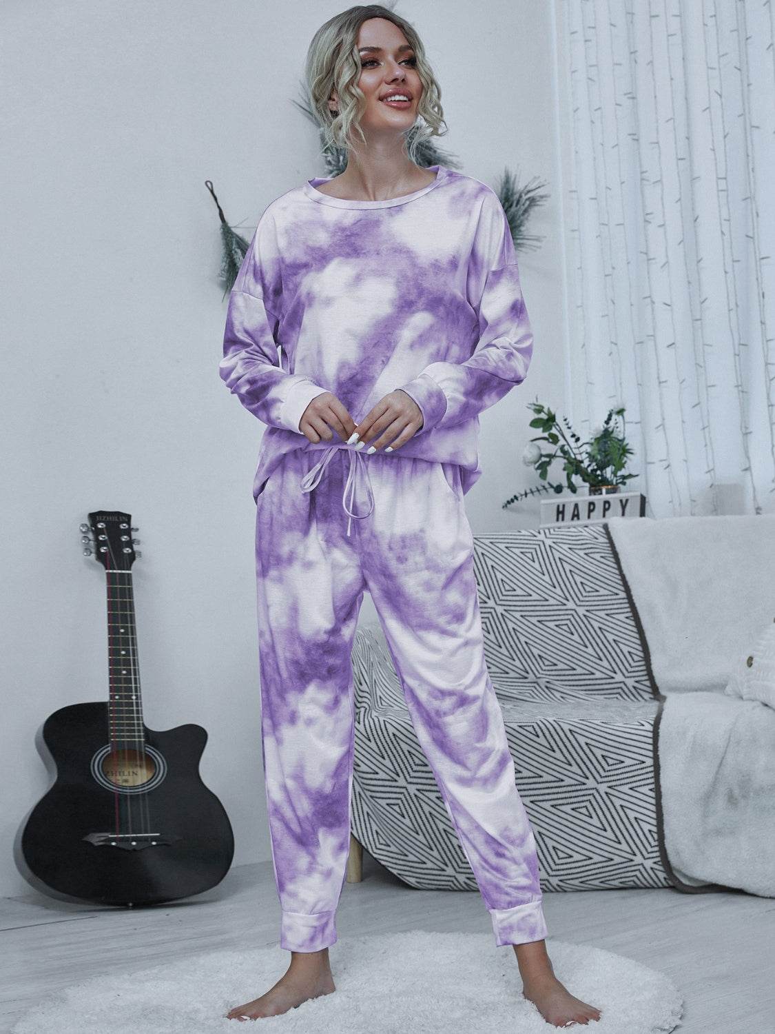 Shiny Tie-dye Round Neck Top and Drawstring Pants Lounge Set - DaTrendStore.Com
