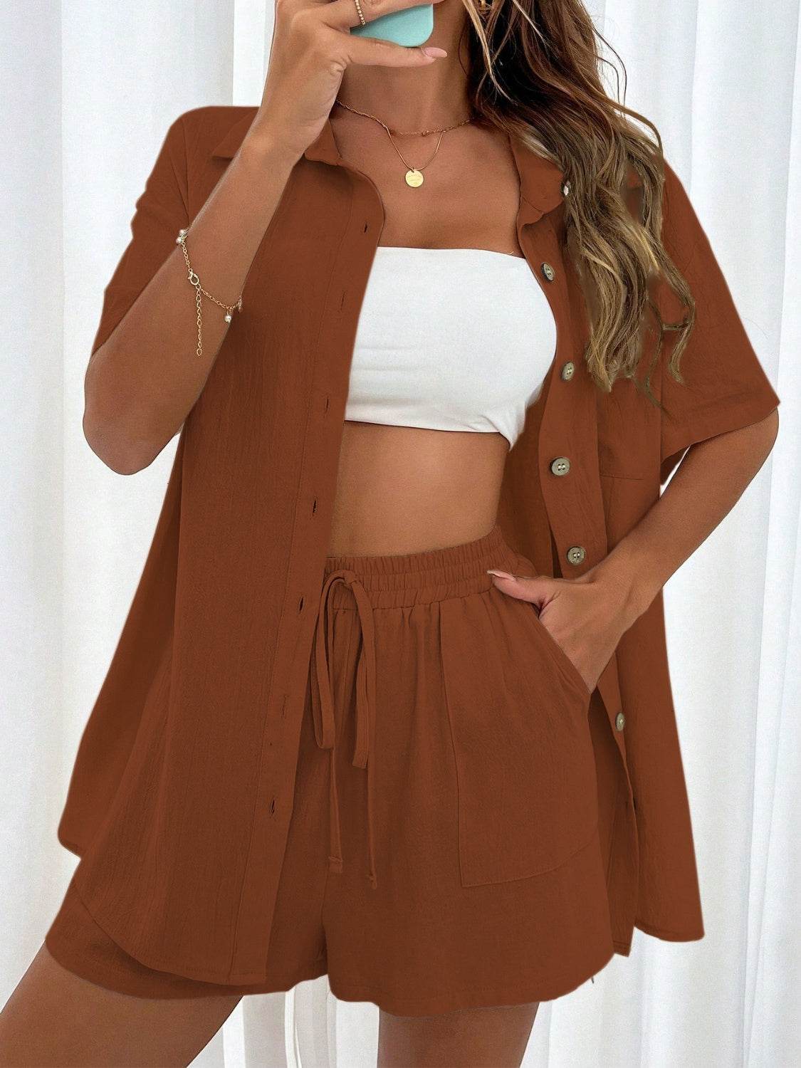 Honey Button Up Half Sleeve Top and Shorts Set - DaTrendStore.Com