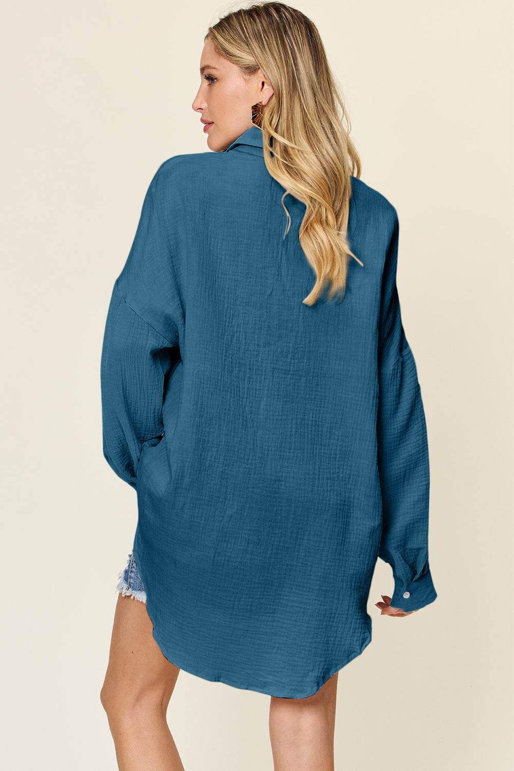 Double Take Full Size Pocketed Texture Button Up Shirt - DaTrendStore.Com