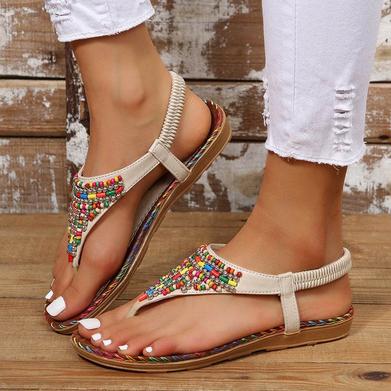 PU Leather Beaded Flat Sandals - DaTrendStore.Com