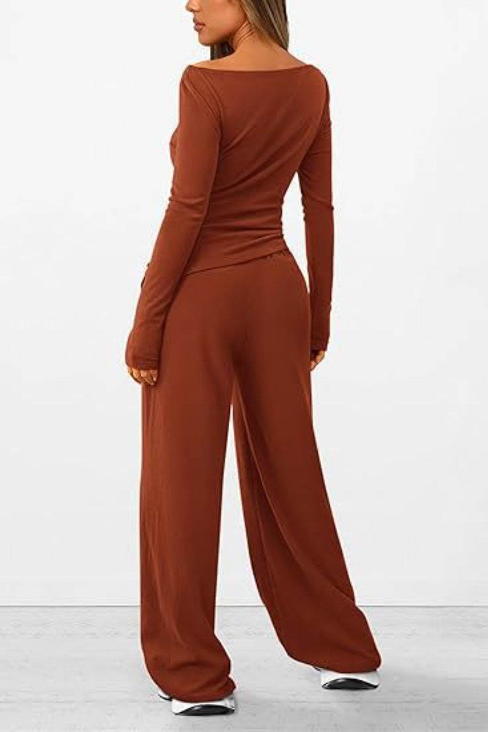 Round Neck Long Sleeve Top and Pants Set - DaTrendStore.Com