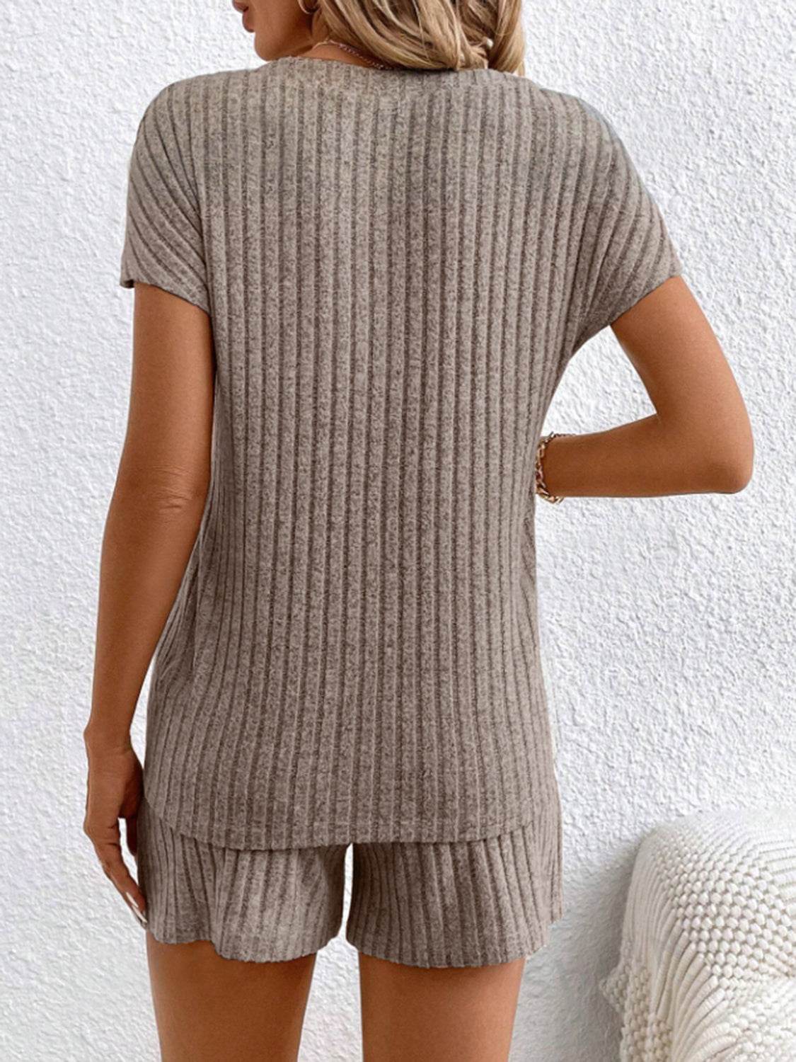 Ribbed V-Neck Top and Shorts Set - DaTrendStore.Com