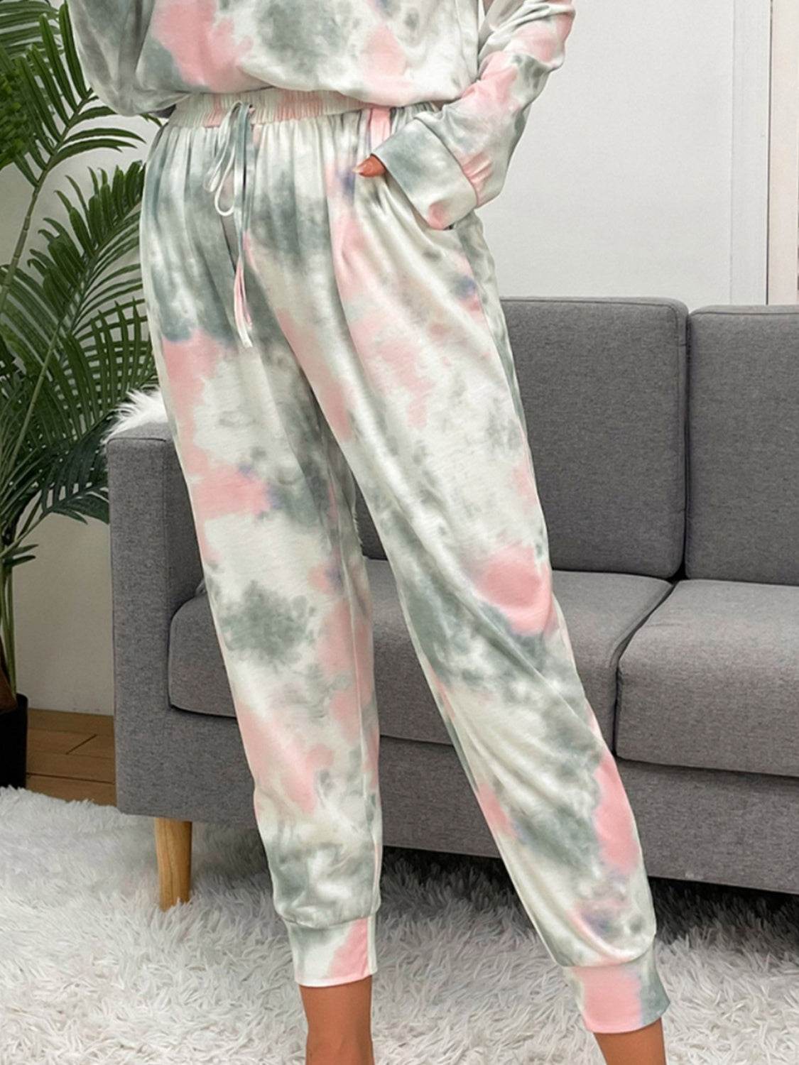 Shiny Tie-Dye Round Neck Top and Drawstring Pants Lounge Set - DaTrendStore.Com