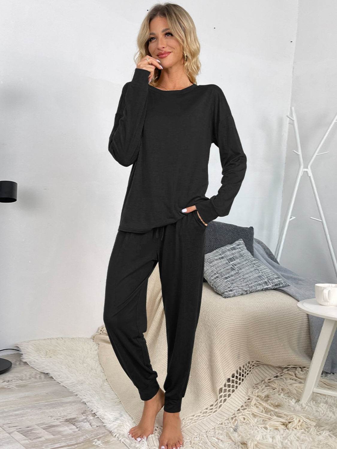 Shiny Round Neck Top and Drawstring Pants Lounge Set - DaTrendStore.Com