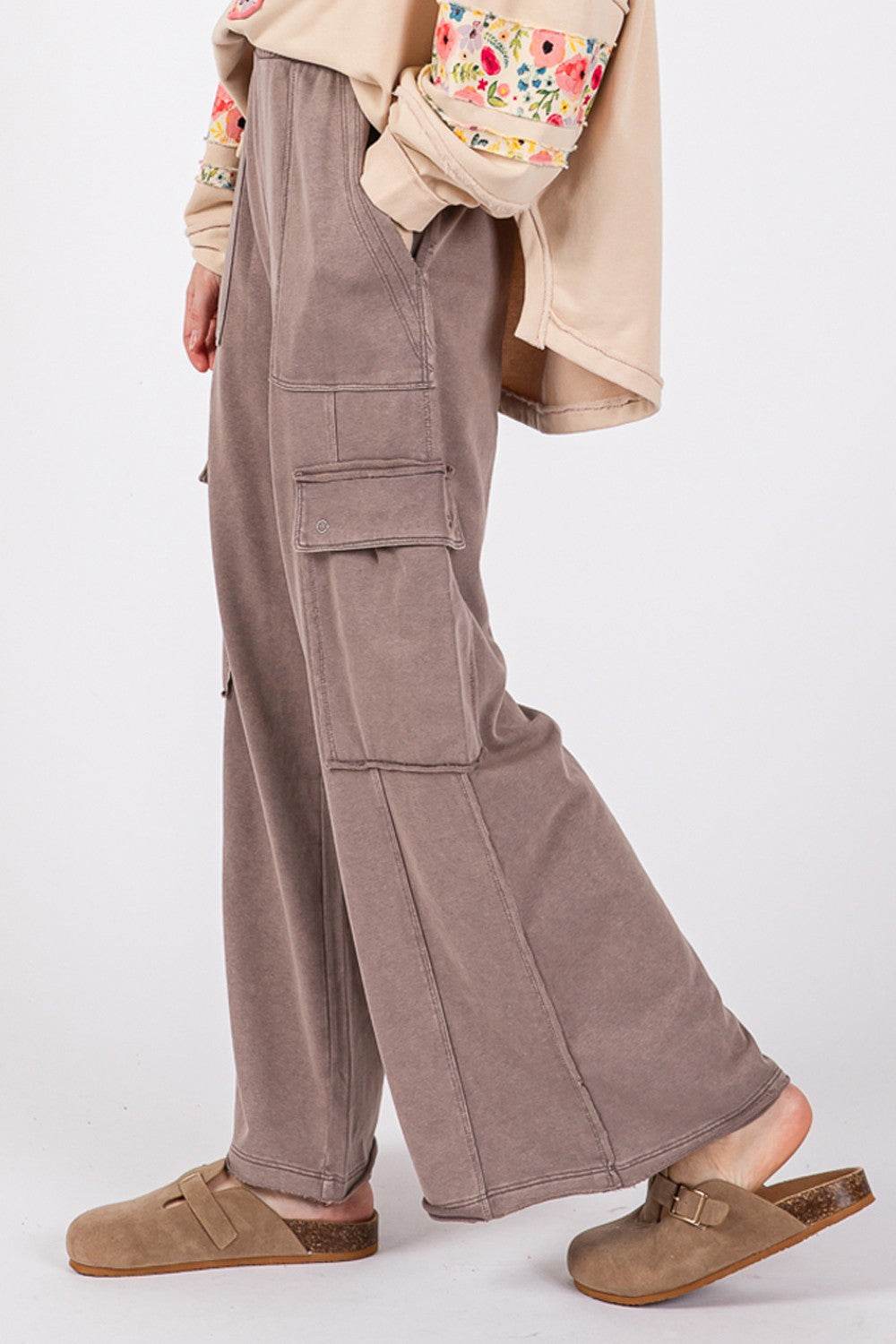 SAGE + FIG Knit Terry Mineral Wash Wide Leg Pants - DaTrendStore.Com