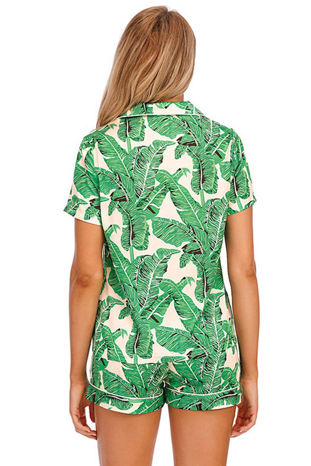 Printed Button Up Short Sleeve Top and Shorts Lounge Set - DaTrendStore.Com