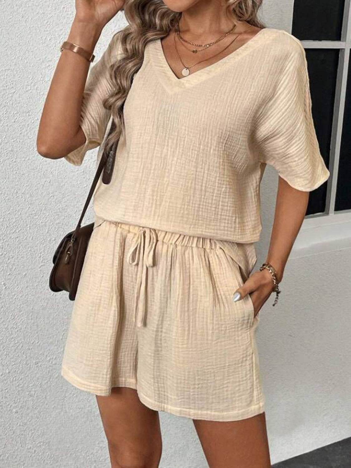V-Neck Half Sleeve Top and Shorts Set - DaTrendStore.Com