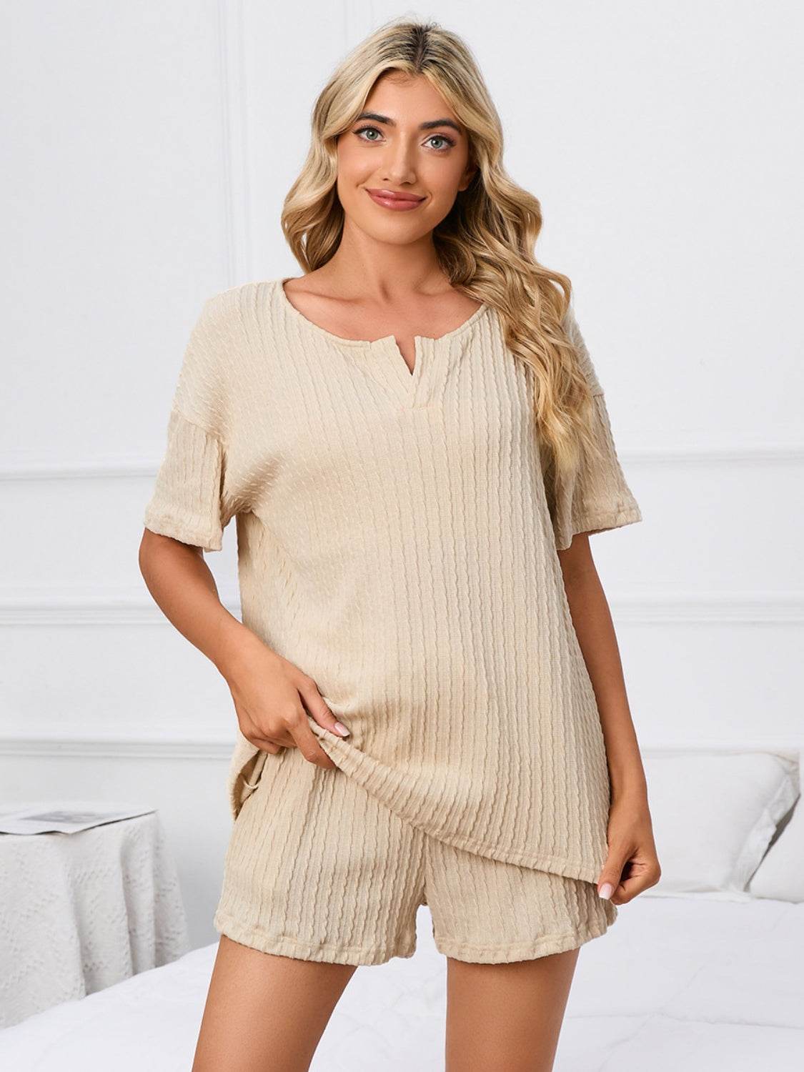 Notched Short Sleeve and Shorts Lounge Set - DaTrendStore.Com