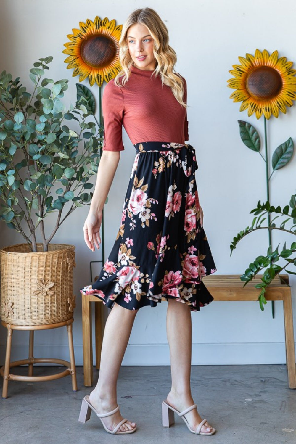 Reborn J Floral Wrap Ruffle Hem Skirt