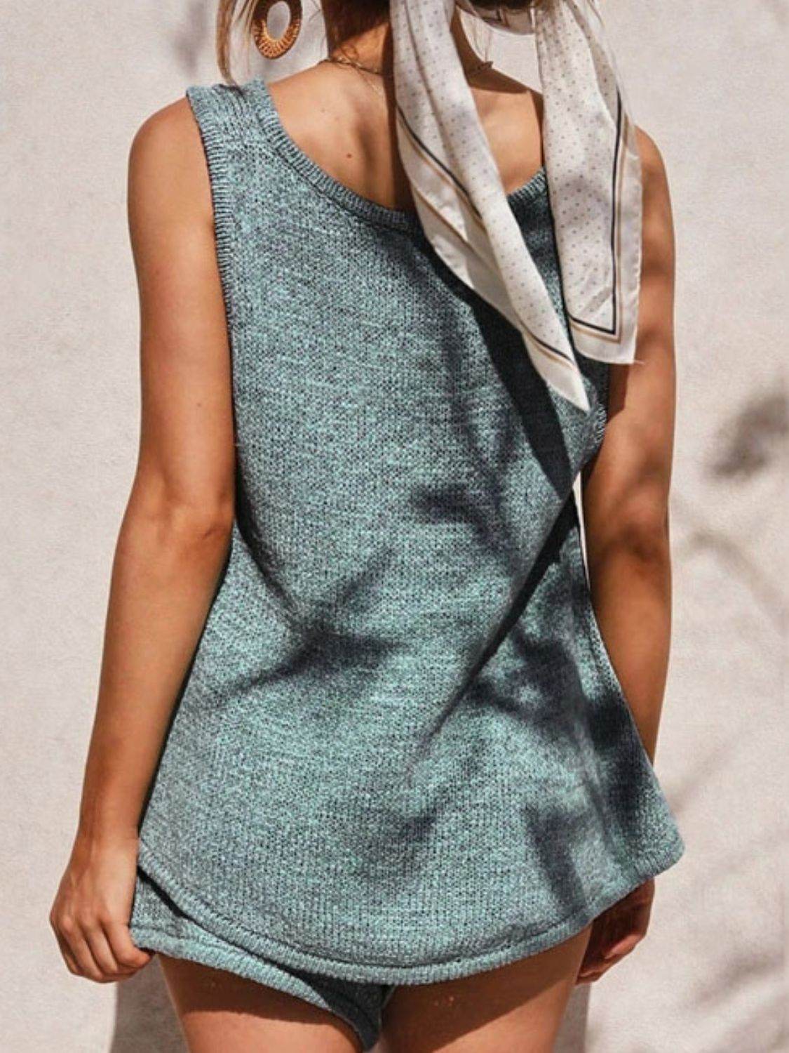 V-Neck Sleeveless Top and Drawstring Shorts Sweater Set - DaTrendStore.Com