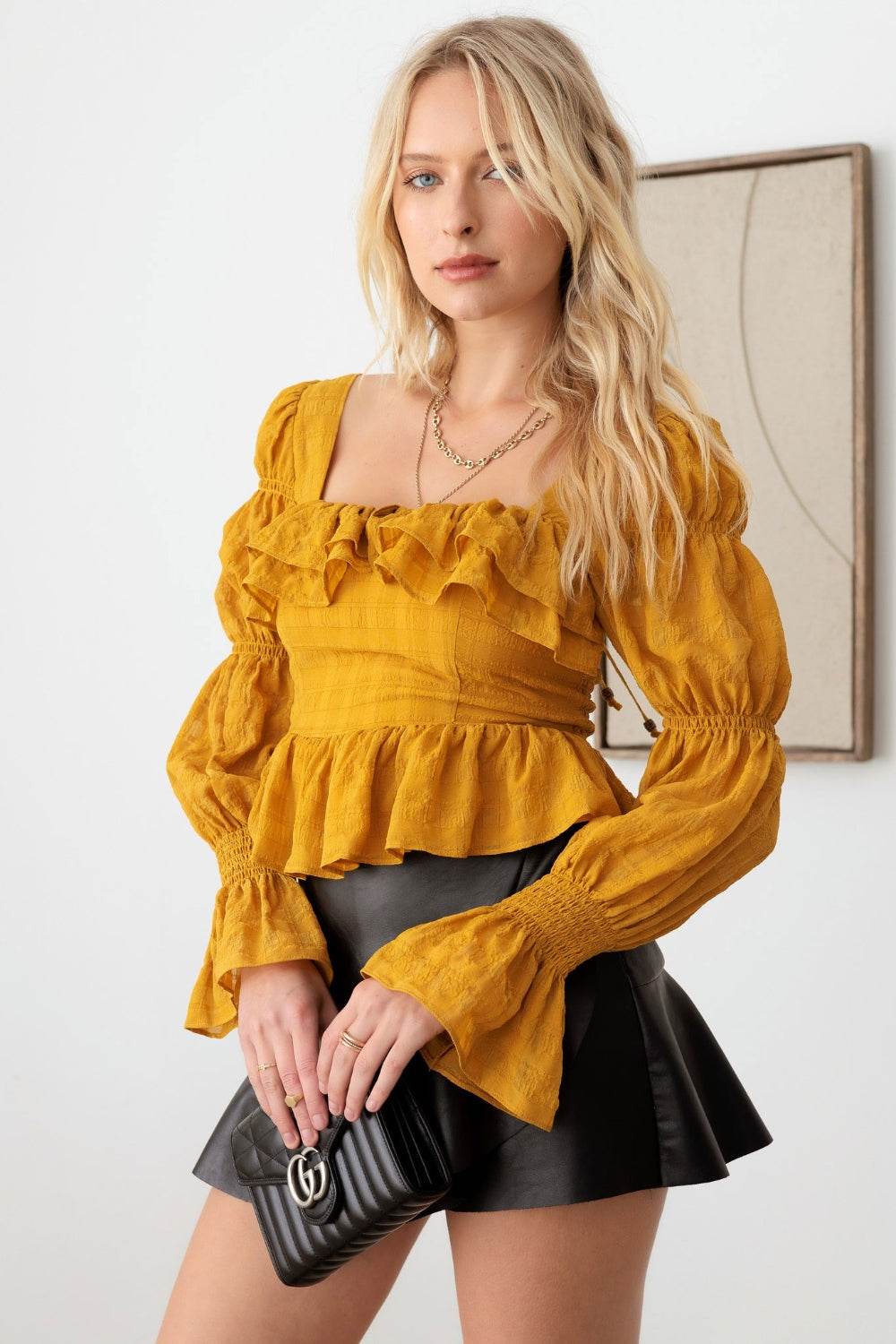 Mustard Seed Boho Shirred Smocked Peplum Long Sleeve Top - DaTrendStore.Com