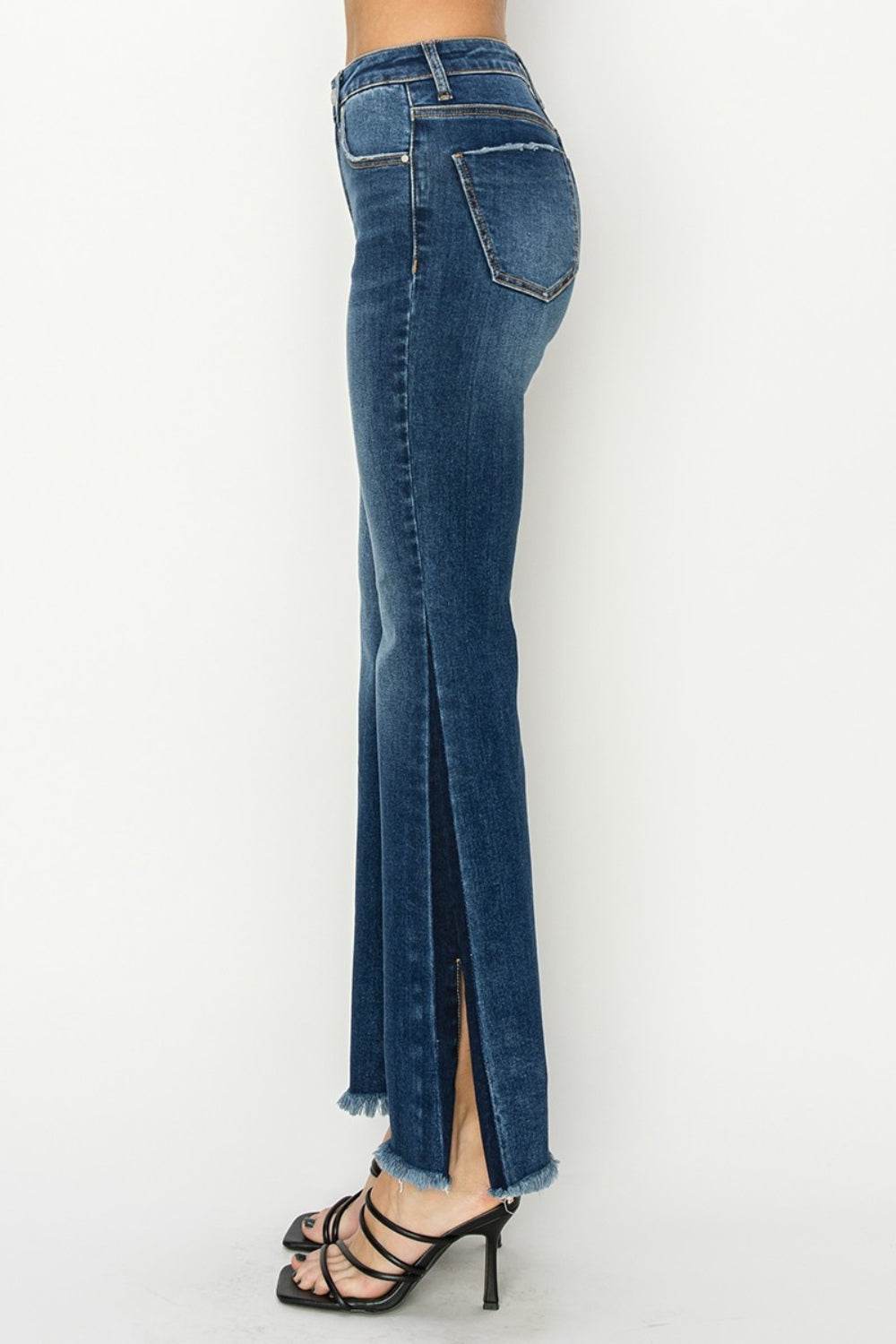 RISEN Full Size High Rise Side Shadow Seam Detail Slit Flare Jeans - DaTrendStore.Com