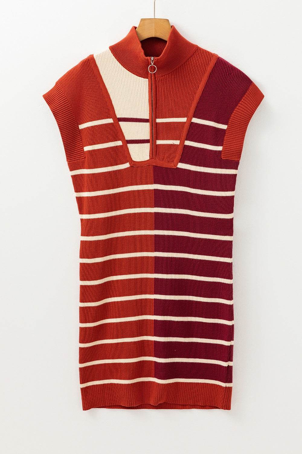 Striped Quarter Zip Cap Sleeve Sweater Dress - DaTrendStore.Com