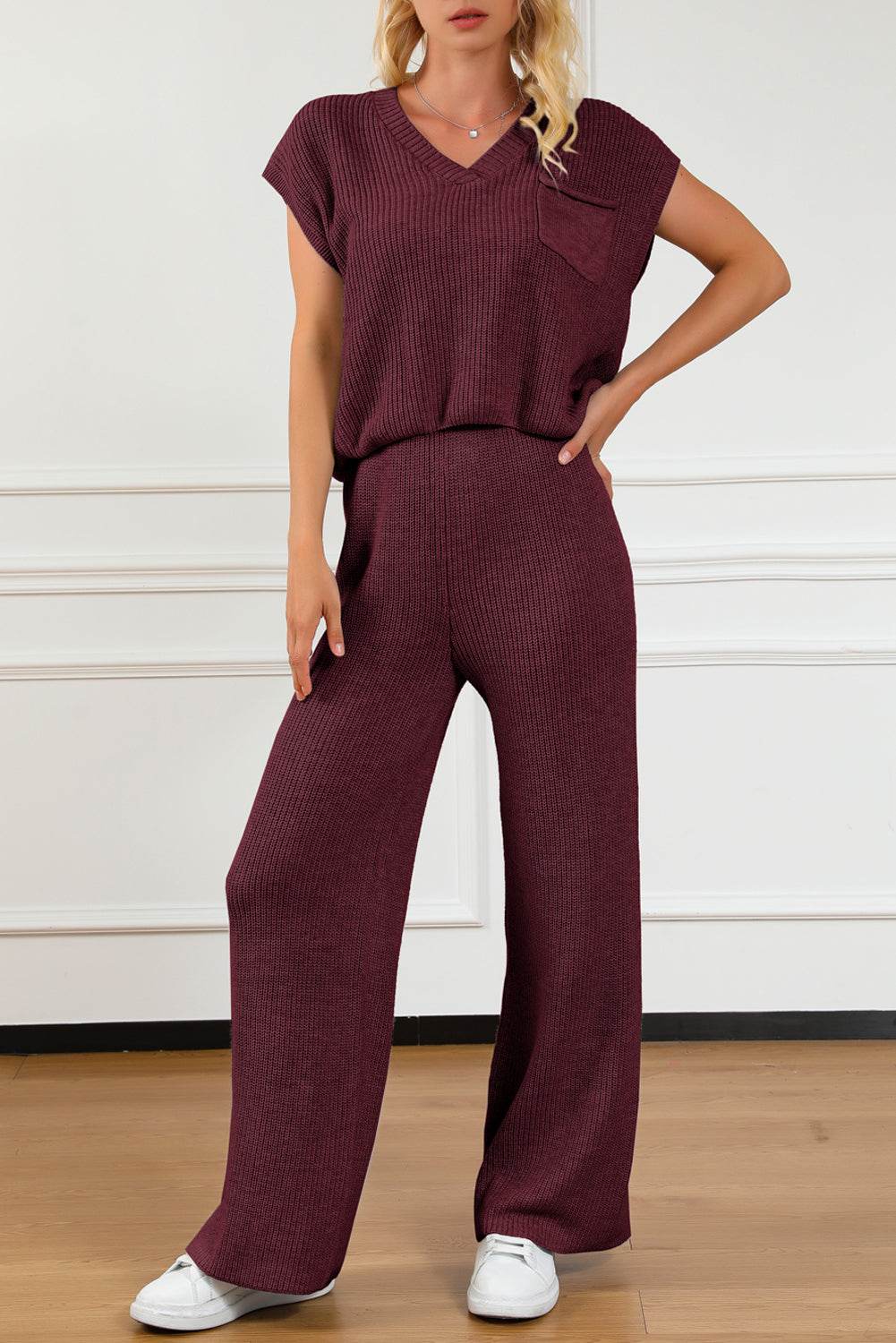 Pocketed V-Neck Top and Wide Leg Sweater Set - DaTrendStore.Com