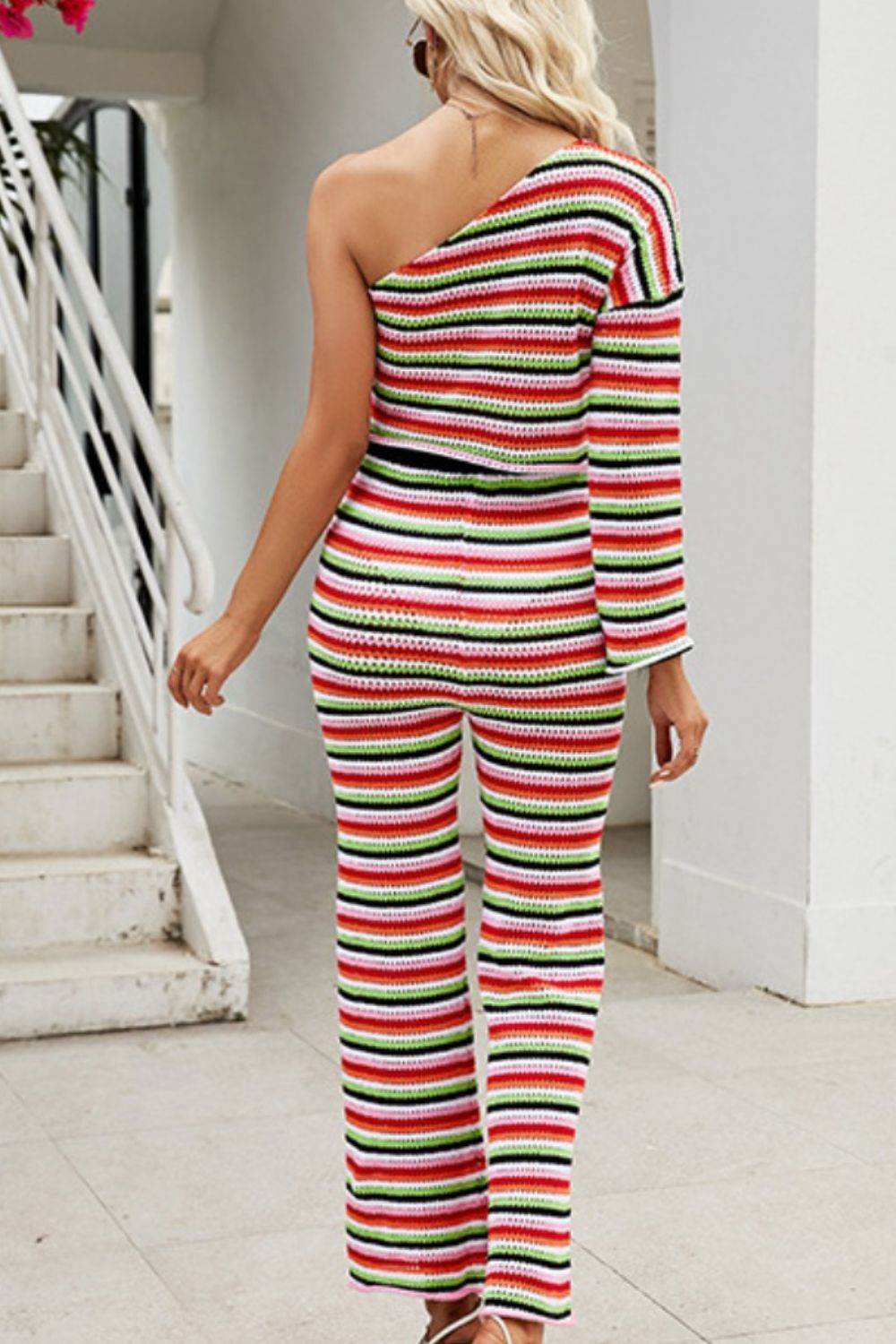 Striped Single Shoulder Top and Pants Knit Set - DaTrendStore.Com
