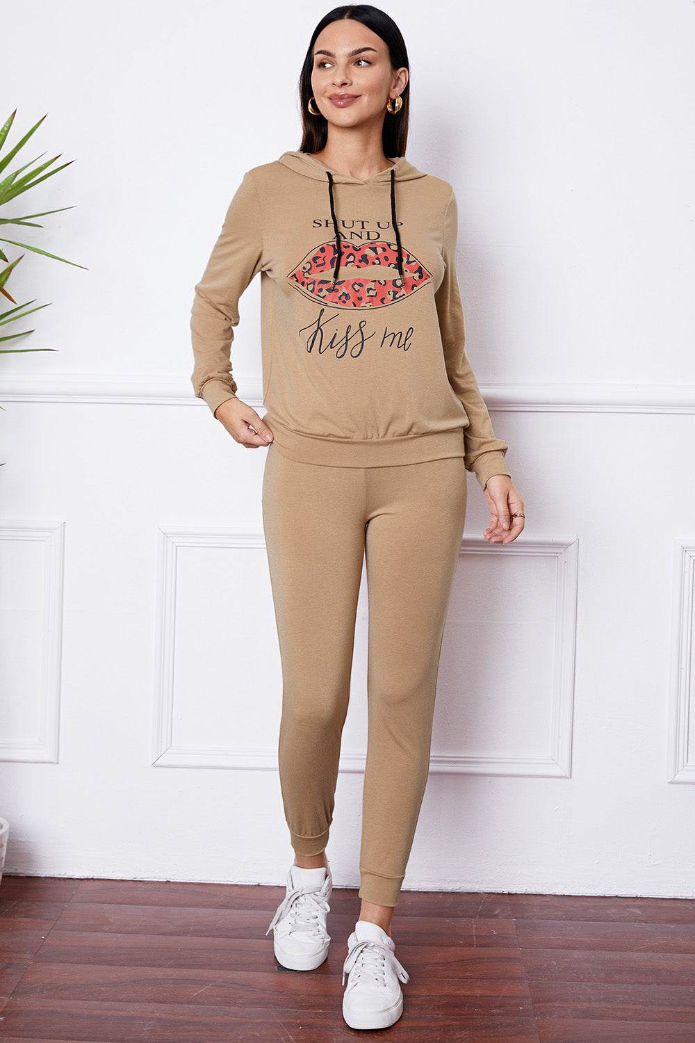SHUT UP AND KISS ME Lip Graphic Hooded Top and Drawstring Pants Set - DaTrendStore.Com