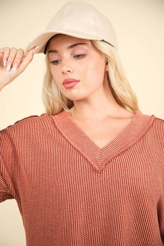 VERY J Two Tone Ribbed V-Neck Exposed Seam Top - DaTrendStore.Com