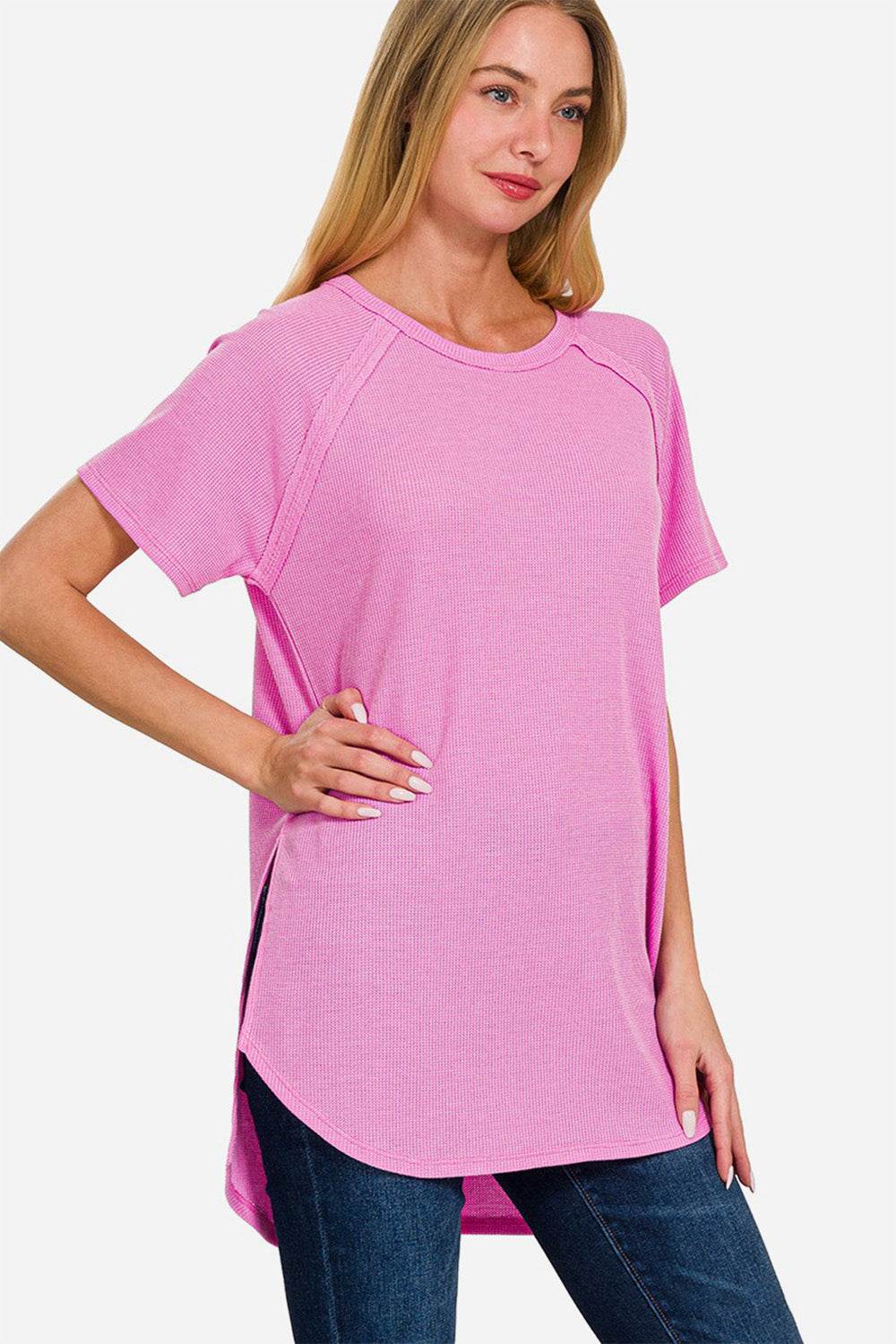 Zenana Slit Round Neck Short Sleeve Waffle Top - DaTrendStore.Com