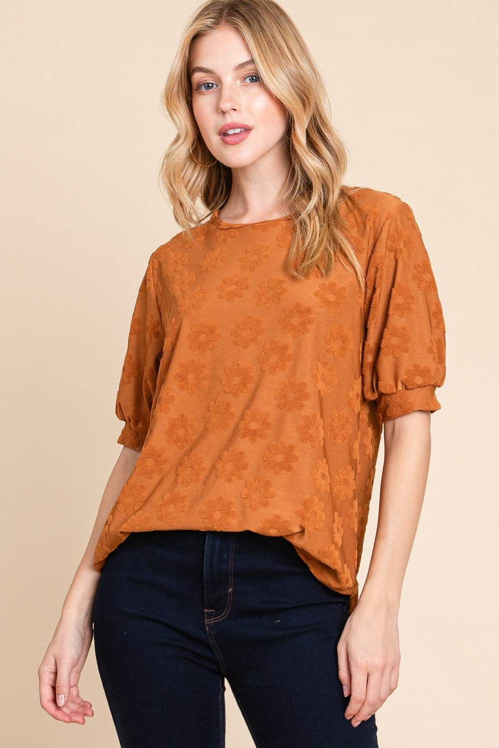 BOMBOM Textured Floral Pattern Top - DaTrendStore.Com