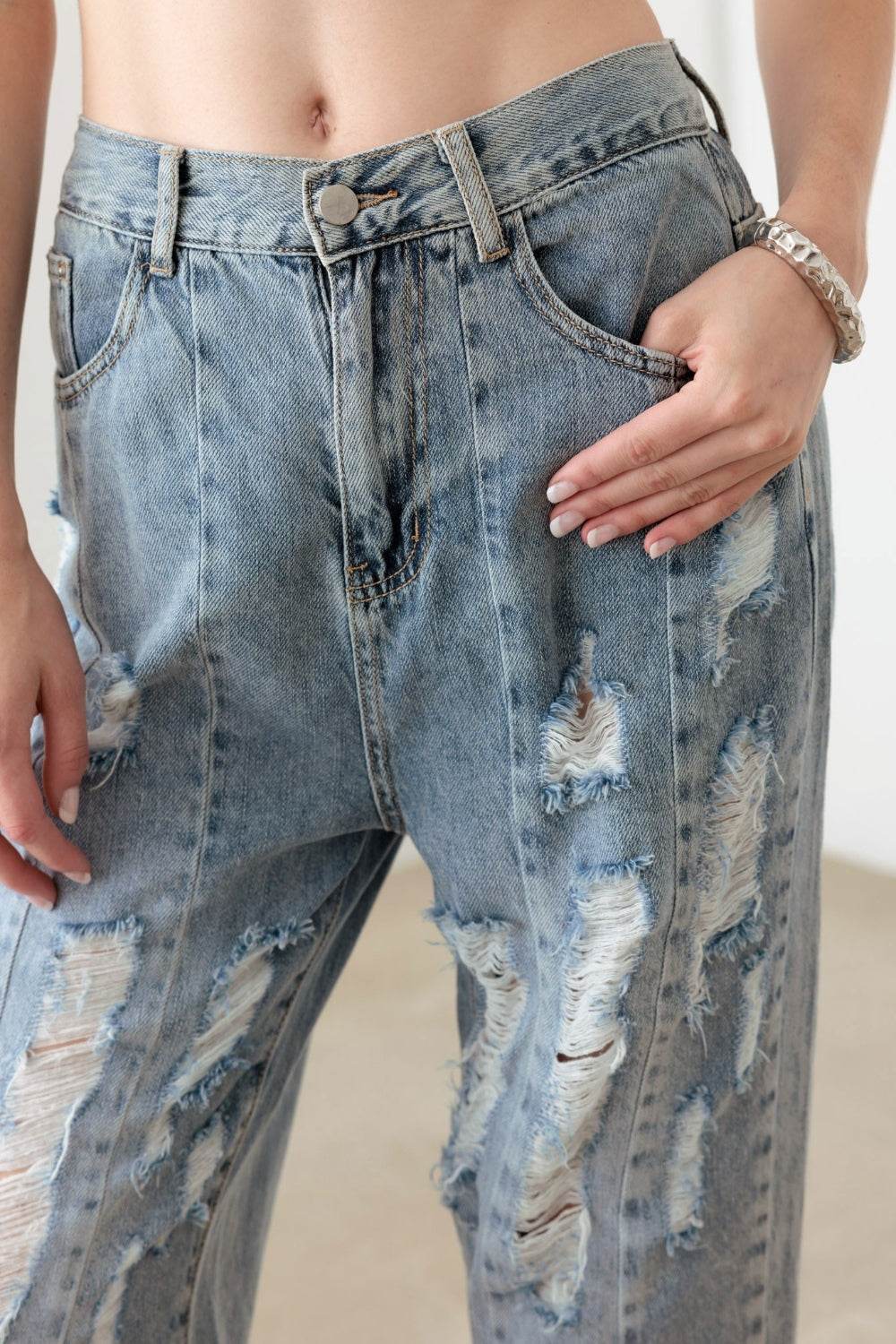 Litz La Washed Barrel Leg High Waist Distressed Jeans - DaTrendStore.Com