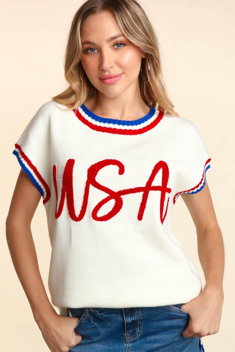 Haptics Letter Embroidery Slit Knit Top - DaTrendStore.Com