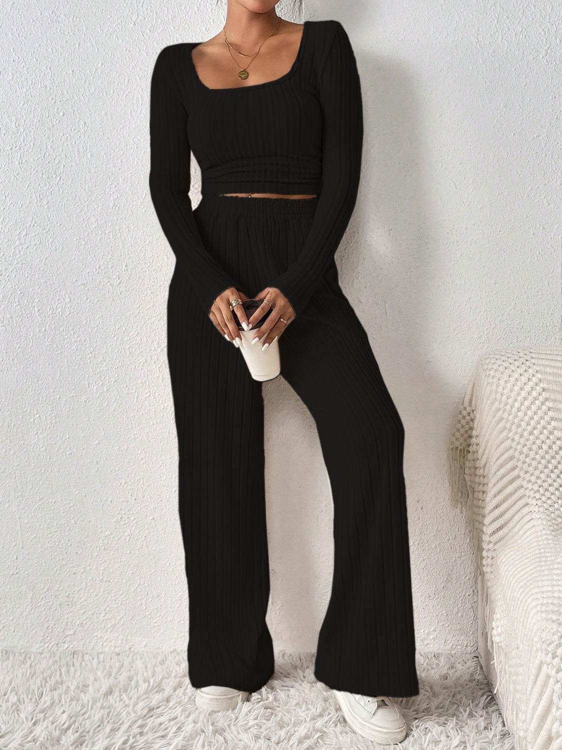 Honey Scoop Neck Long Sleeve Top and Pants Set - DaTrendStore.Com