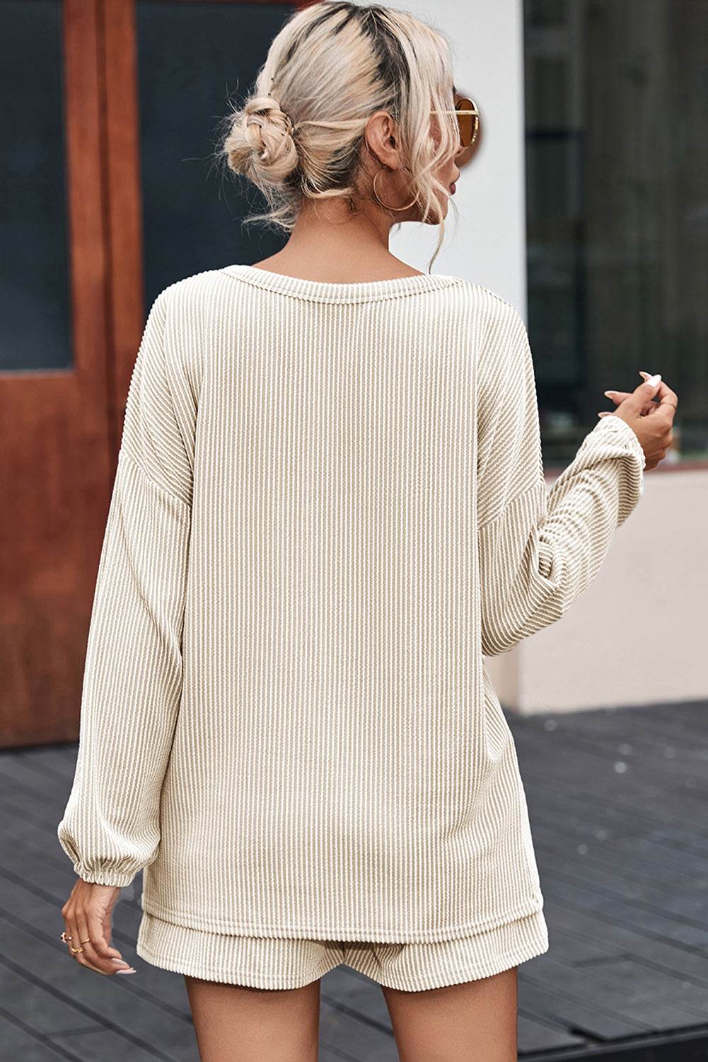 V-Neck Dropped Shoulder Top and Shorts Set - DaTrendStore.Com