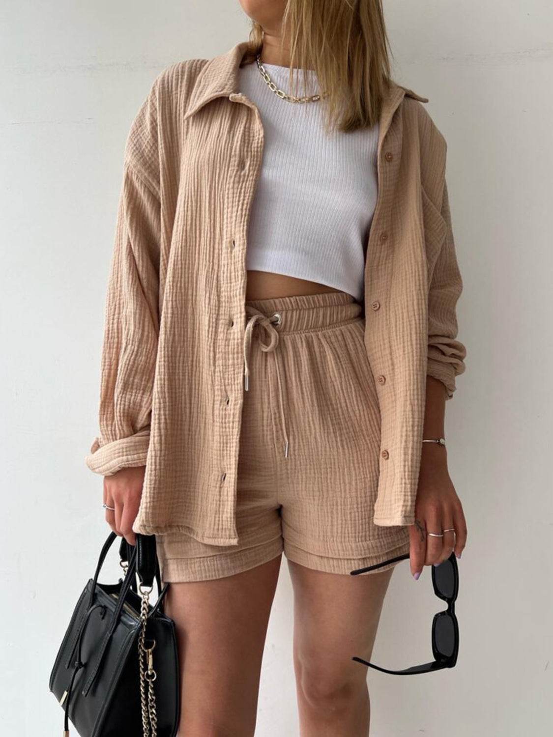 Texture Button Up Shirt and Drawstring Shorts Set - DaTrendStore.Com