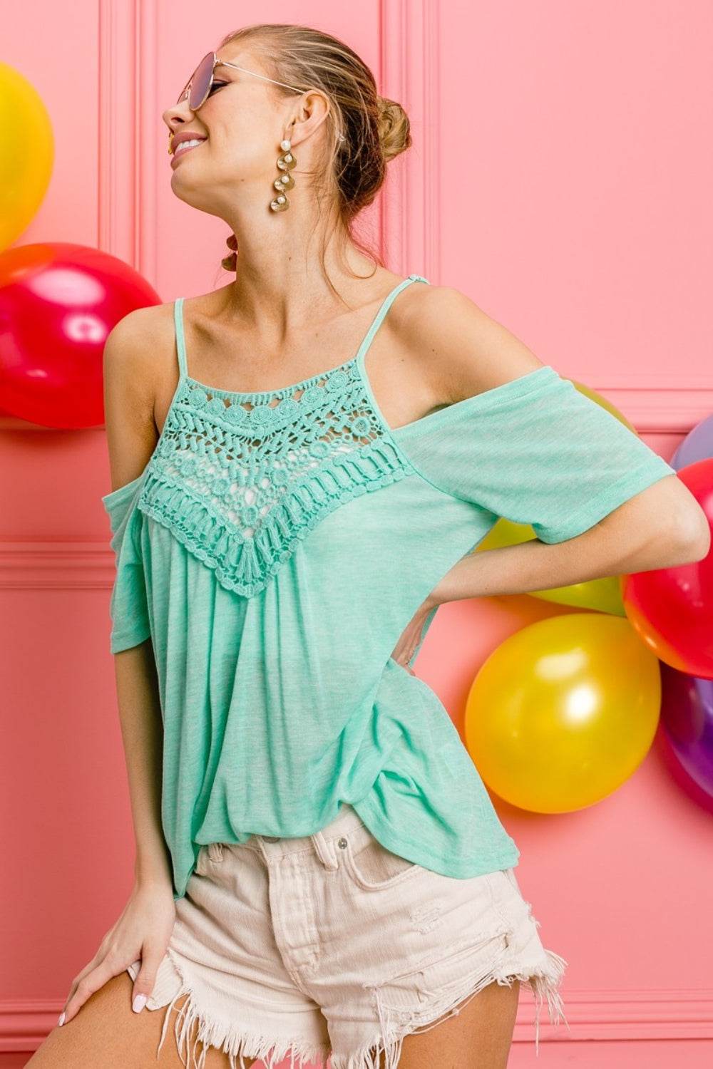 BiBi Front Crochet Lace Adjustable Strap Top - DaTrendStore.Com